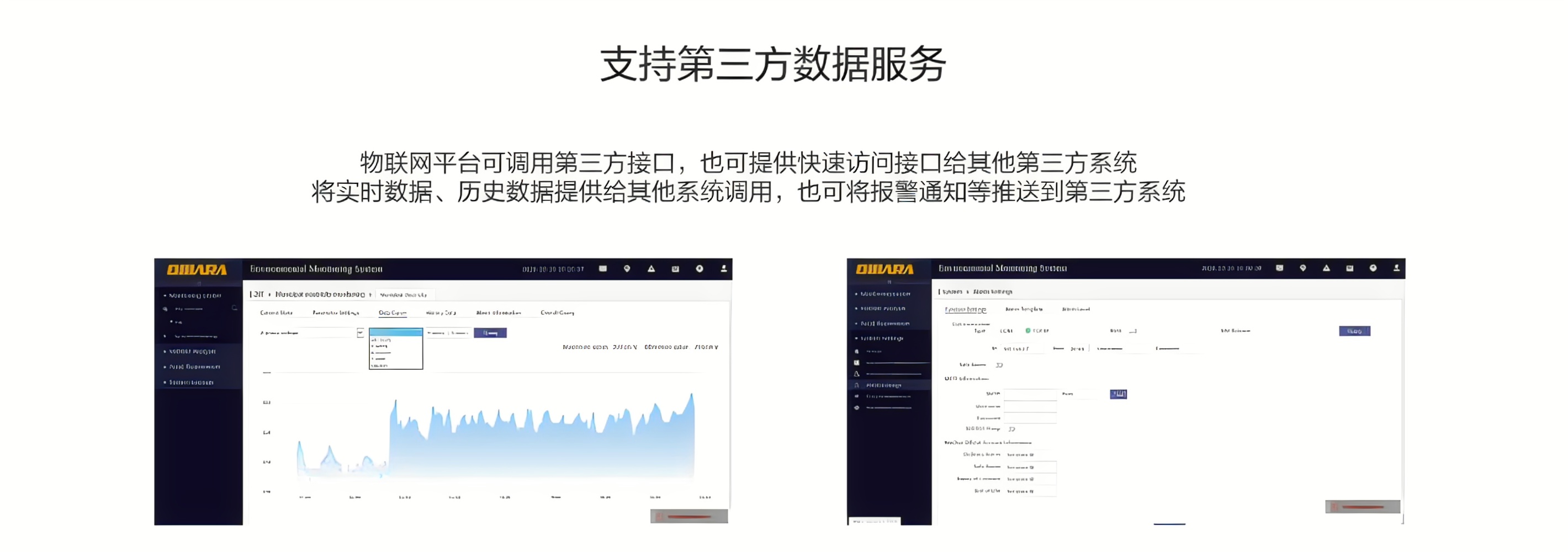 物聯(lián)網(wǎng)平臺可調(diào)用第三方接口，也可提供快速訪問接口給其他第三方系統(tǒng)，將實(shí)時數(shù)據(jù)、歷史數(shù)據(jù)提供給其他系統(tǒng)調(diào)用，也可將報警通知等推送到第三方系統(tǒng)